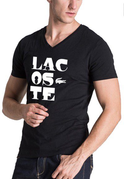 לקוסט-LACSOTE TSHIRT MEN V NECK DESGIN SHORT - BLACK