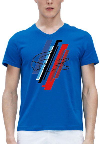לקוסט-LACSOTE TSHIRT MEN V NECK DESGIN SHORT - Blue