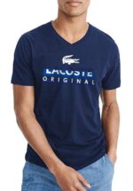 לקוסט-LACSOTE TSHIRT MEN V NECK DESGIN SHORT - Navy Blue