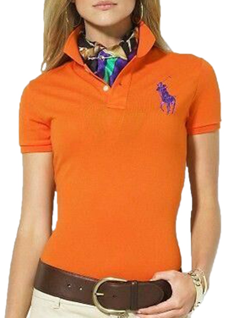 ראלף לורן-RALPH LAUREN POLO TSHIRT SHORT WOMEN - Carrot ORG & Purple Logo