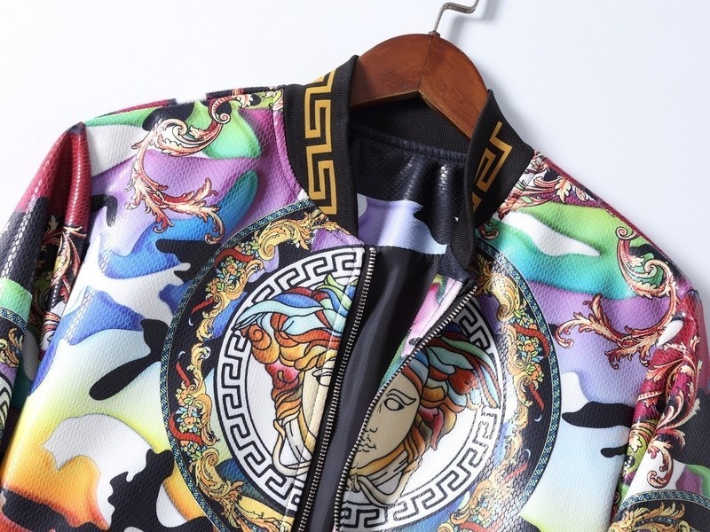 מעילים וג'קטים לגברים-VERSACE NEW LEATHER JACKET MEN'S - White Black & Golden Glow