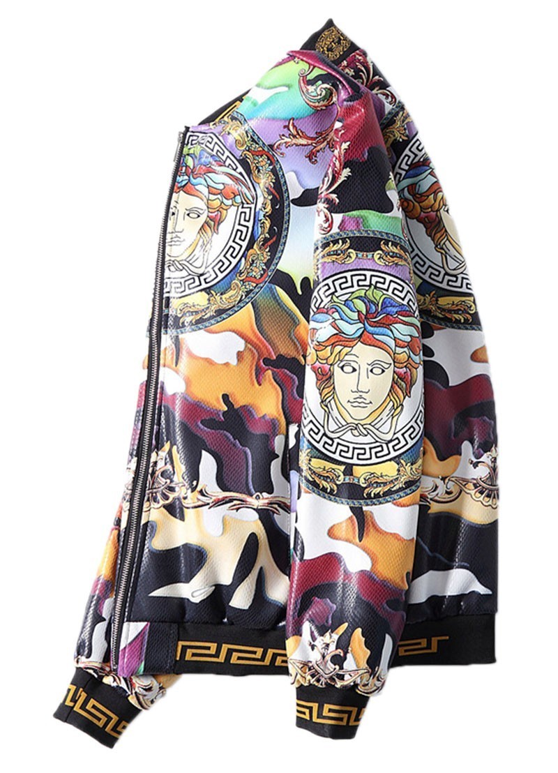 מעילים וג'קטים לגברים-VERSACE NEW LEATHER JACKET MEN'S - White Black & Golden Glow